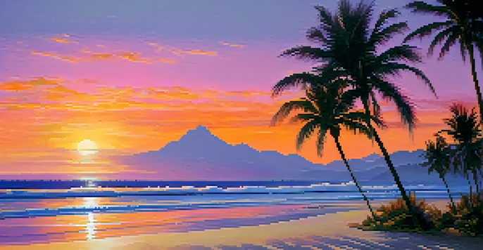 A peaceful beach at sunset with golden light reflecting on the water and silhouettes of palm trees.