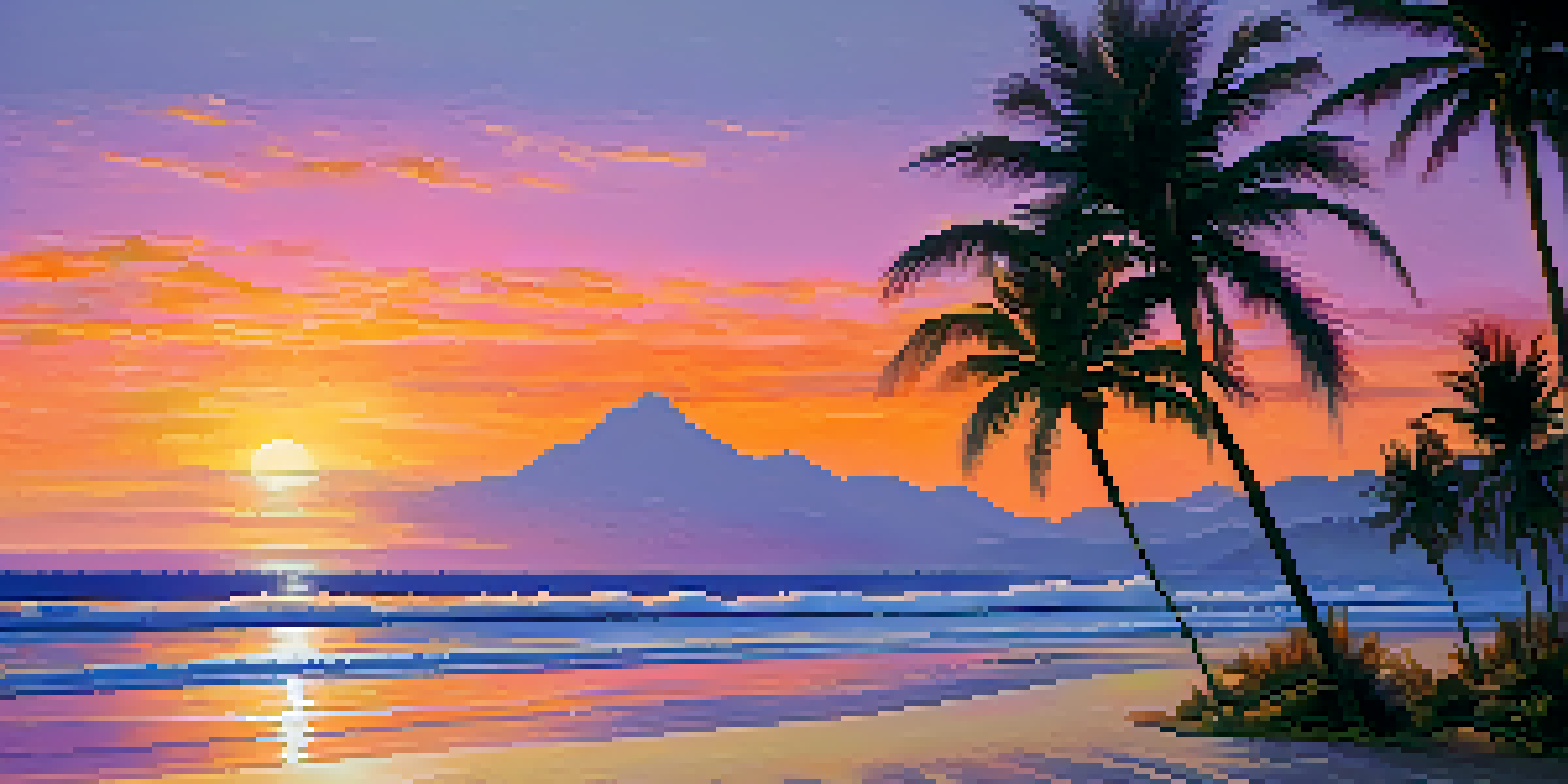 A peaceful beach at sunset with golden light reflecting on the water and silhouettes of palm trees.