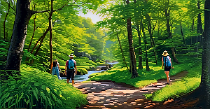 A group of eco-tourists walking through a green forest with sunlight filtering through the trees.