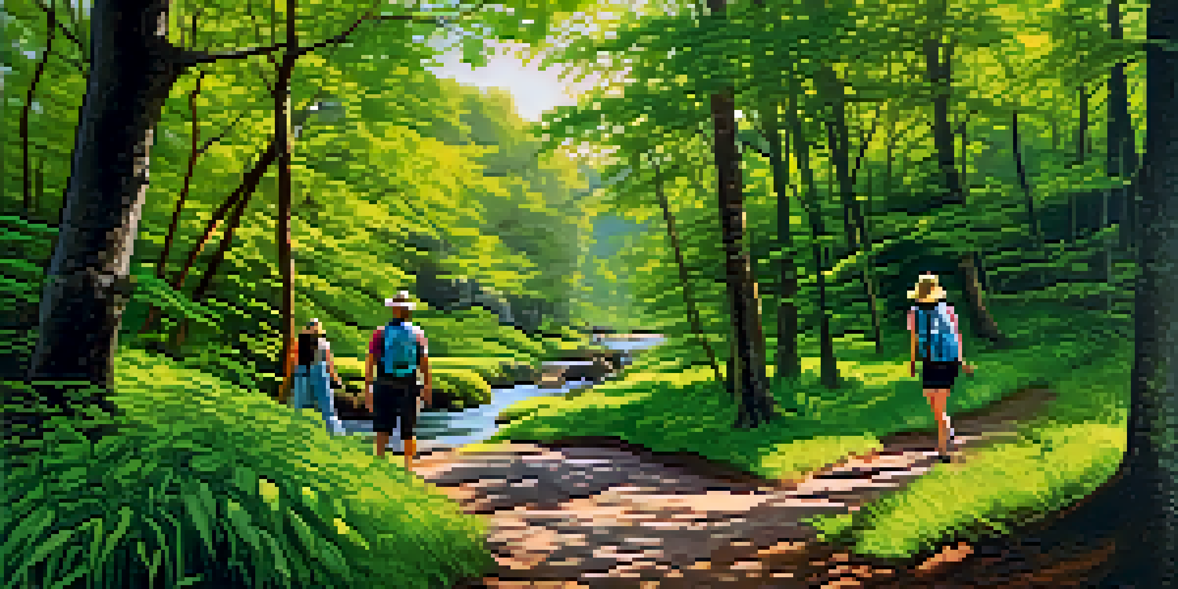A group of eco-tourists walking through a green forest with sunlight filtering through the trees.