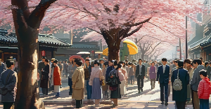 A vibrant street in Tokyo with cherry blossom trees and people greeting each other with bows, embodying cultural respect.