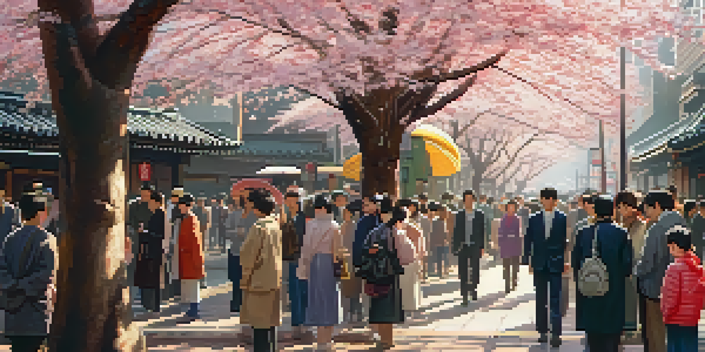 A vibrant street in Tokyo with cherry blossom trees and people greeting each other with bows, embodying cultural respect.