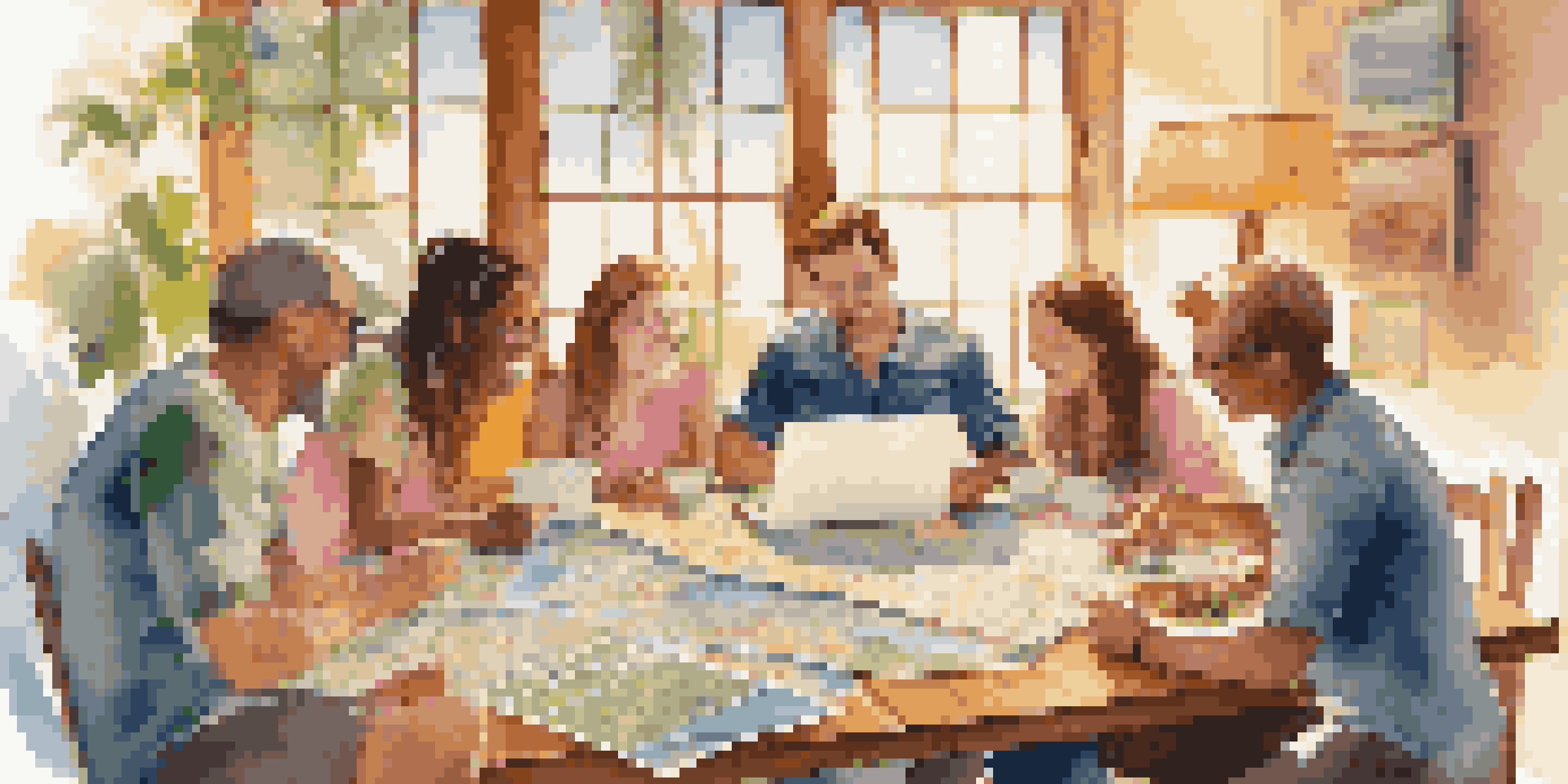 A family excitedly planning a trip together at a wooden table with maps and a laptop.