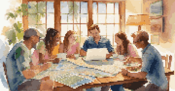 A family excitedly planning a trip together at a wooden table with maps and a laptop.