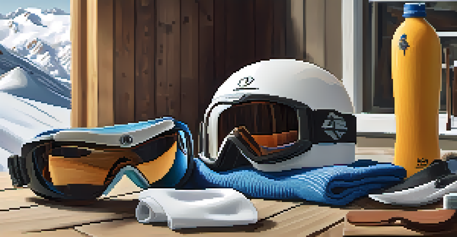Ski accessories including a helmet and goggles on a table with a snowy view outside.