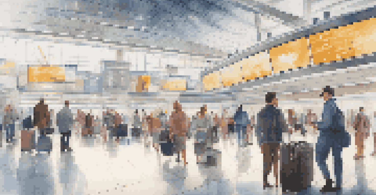 A busy airport interior with travelers, one person using a smartphone to interact with a smart assistant, surrounded by digital flight information boards.