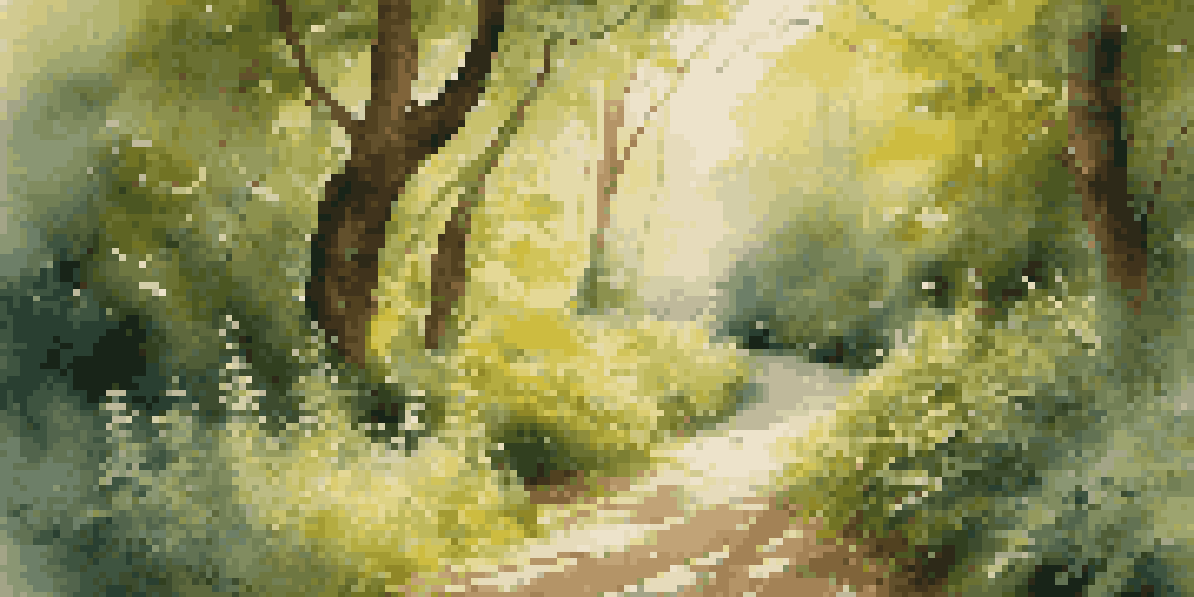 A lush green forest with sunlight filtering through the leaves and a winding path inviting exploration.