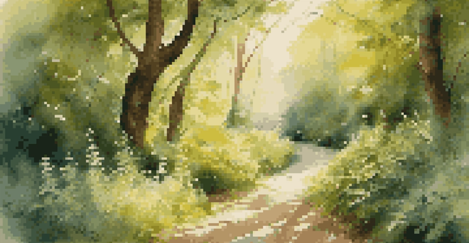 A lush green forest with sunlight filtering through the leaves and a winding path inviting exploration.