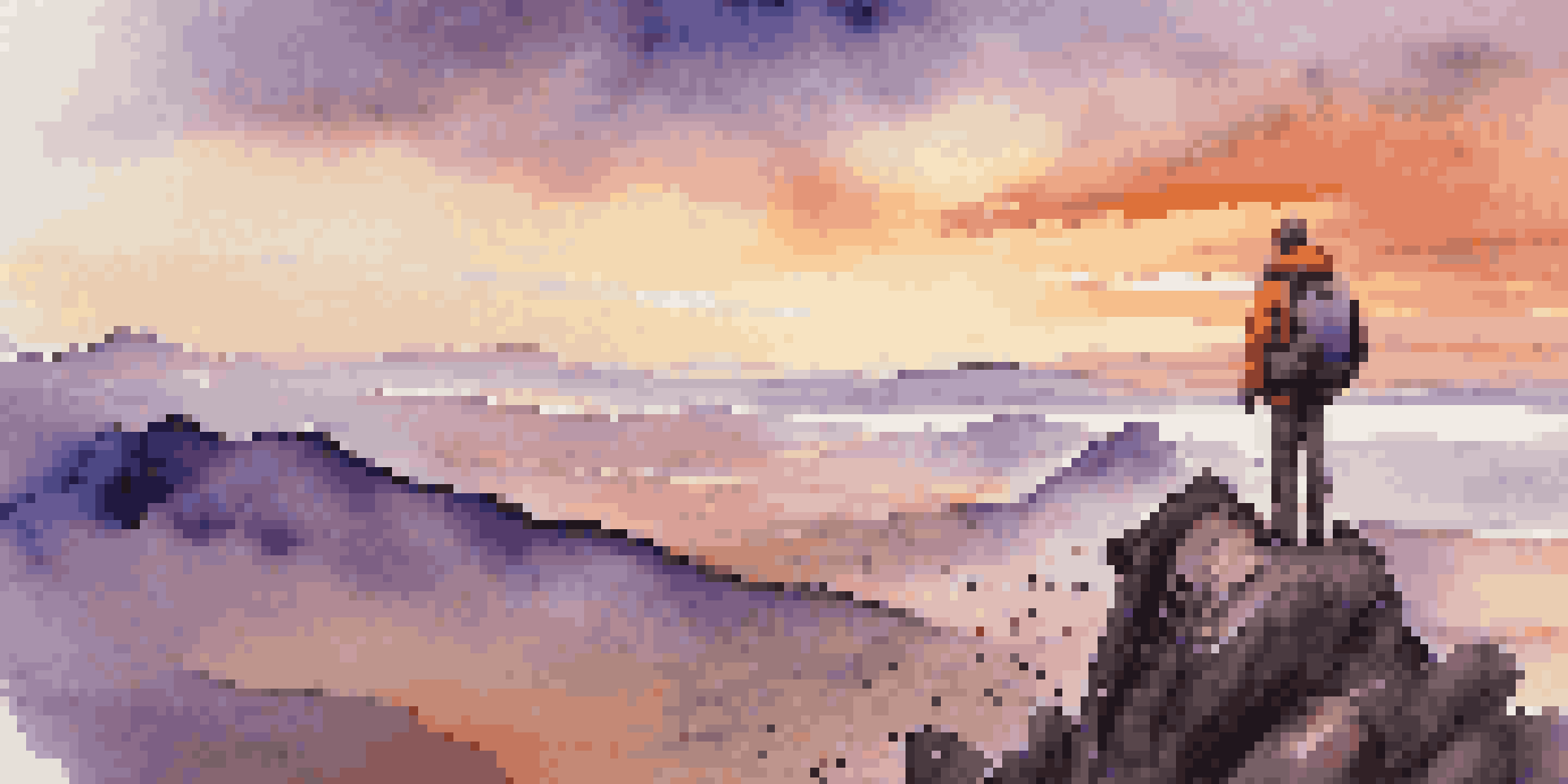 A lone traveler on a mountain peak during sunset, surrounded by vibrant sky colors and rugged terrain.