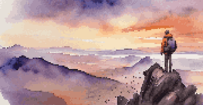 A lone traveler on a mountain peak during sunset, surrounded by vibrant sky colors and rugged terrain.