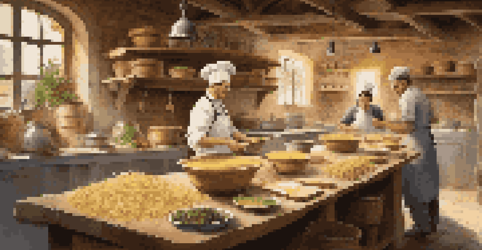 A cozy Italian kitchen where a chef teaches pasta-making, surrounded by fresh ingredients and eager students.