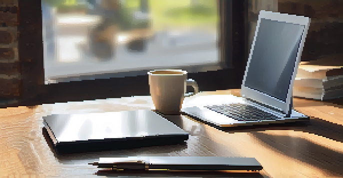 A lightweight laptop on a café table with a coffee cup and notepad, illuminated by natural sunlight.