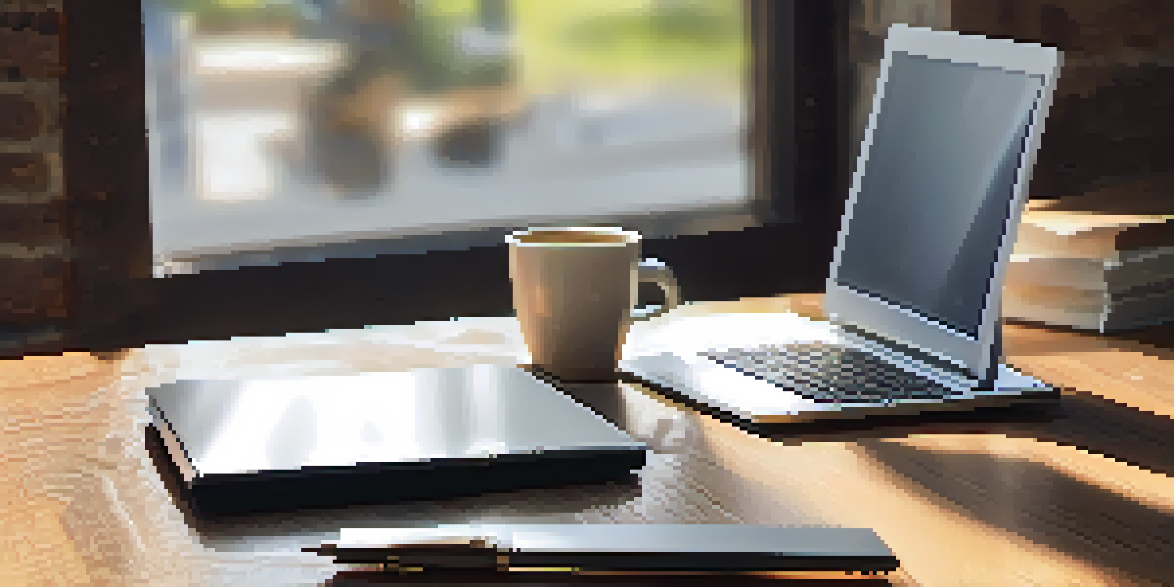 A lightweight laptop on a café table with a coffee cup and notepad, illuminated by natural sunlight.