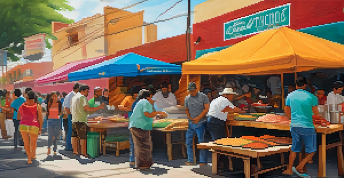 A lively Mexican street food market with vendors grilling carne asada and colorful salsas. Locals enjoy their meals in the background.