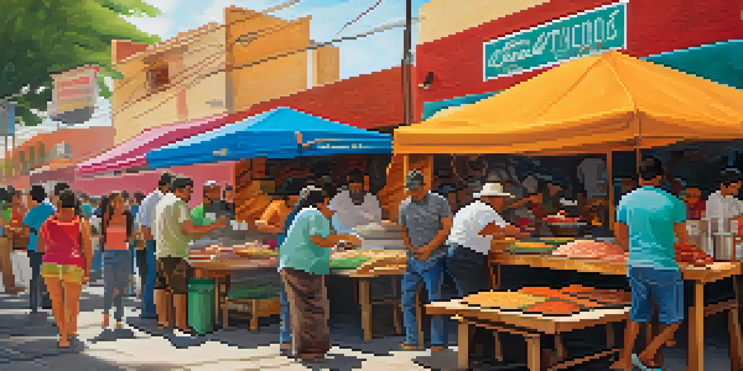 A lively Mexican street food market with vendors grilling carne asada and colorful salsas. Locals enjoy their meals in the background.