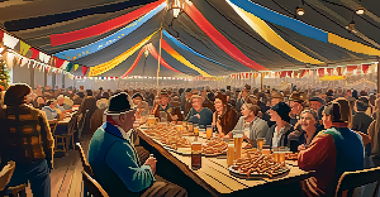 A festive Oktoberfest gathering in a beer tent with people enjoying drinks and traditional food.