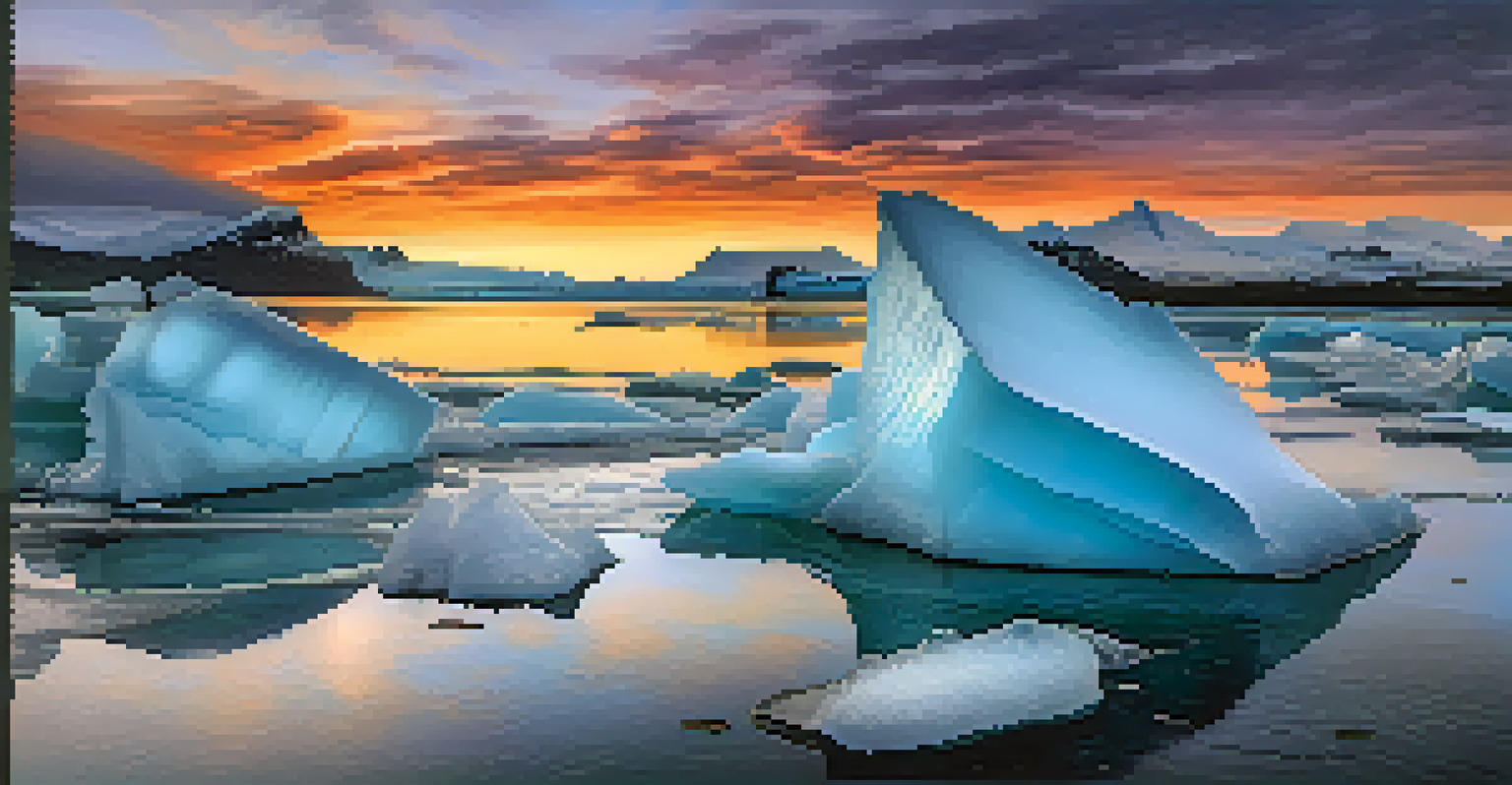 A picturesque glacier lagoon at sunset, featuring floating icebergs and a colorful sky, with ice chunks on black sand in the foreground.