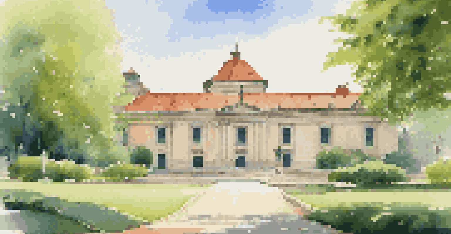 A nearly empty famous landmark under a blue sky, with green surroundings and a couple exploring, in a peaceful setting.
