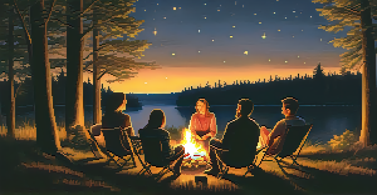 Family members sitting around a campfire sharing stories under a starry sky.
