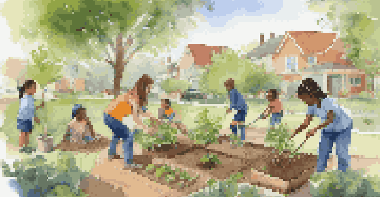 A traveler planting a tree in a community garden with local children and residents, set on a sunny day amidst lush greenery.