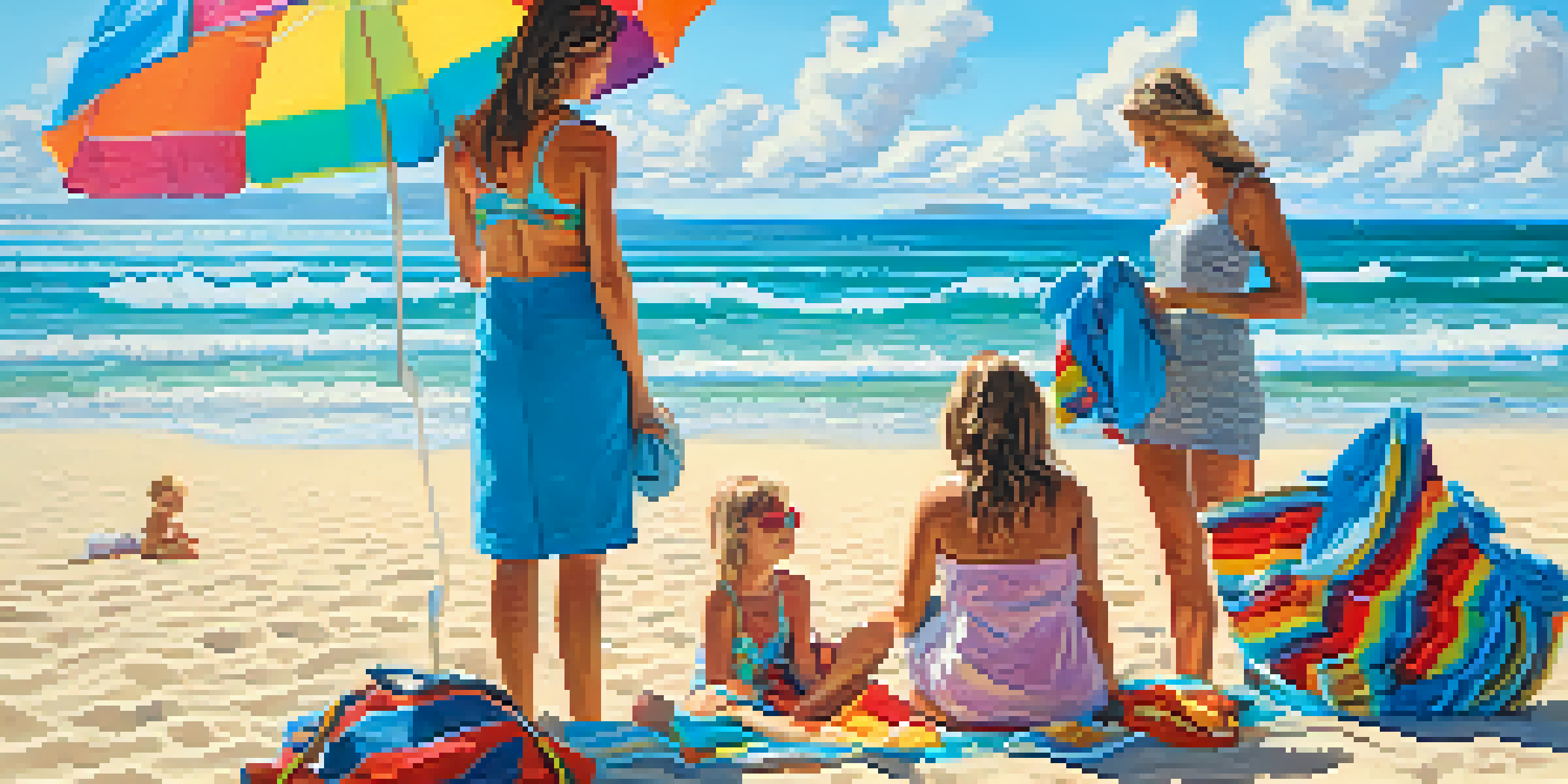 A family enjoying a sunny day at the beach with colorful towels and a stylish beach bag on the sand, against a backdrop of turquoise waves and a blue sky.