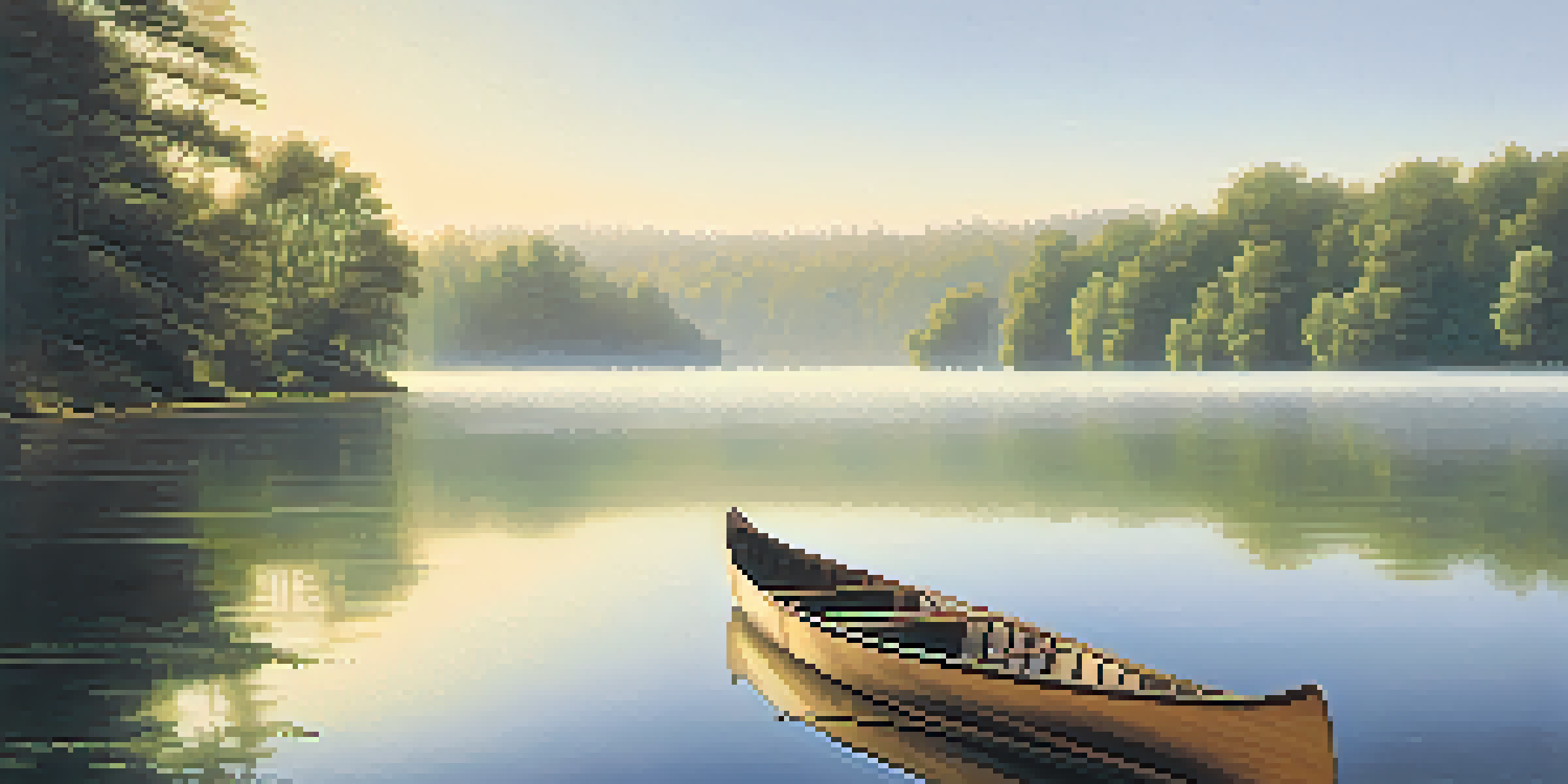 A calm lake at sunrise with mist, surrounded by trees and a canoe, conveying tranquility.