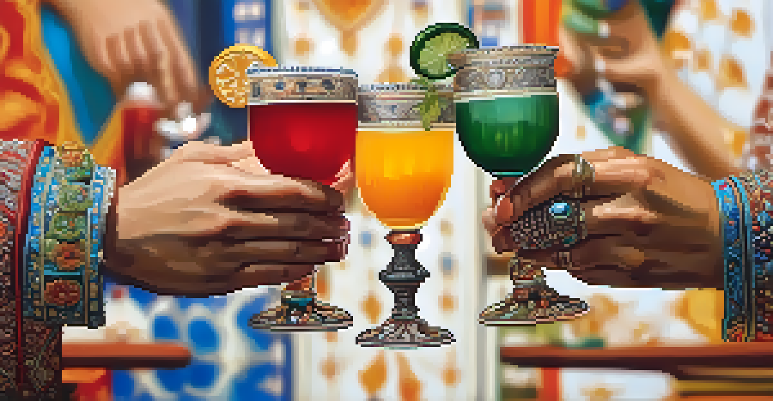 Hands toasting with traditional drinks, showcasing cultural diversity and joyful interaction.