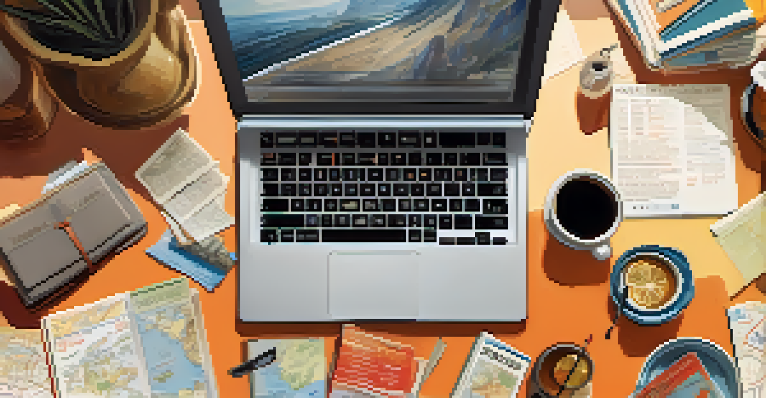 An overhead view of a traveler at a desk with a laptop, travel guides, and notes, in a warm, well-lit setting.