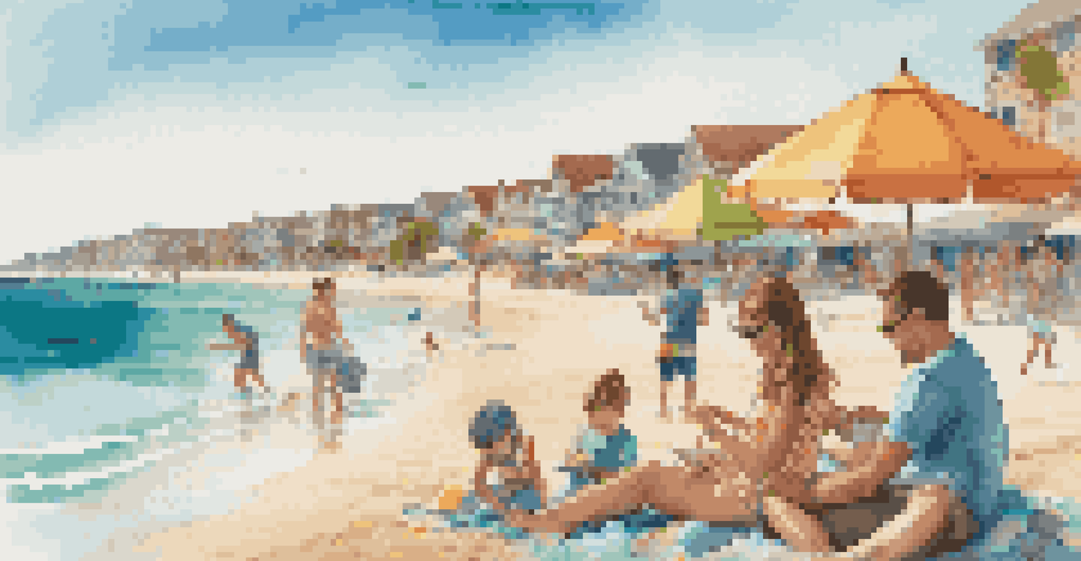 A family working on laptops at the beach while children play in the sand.