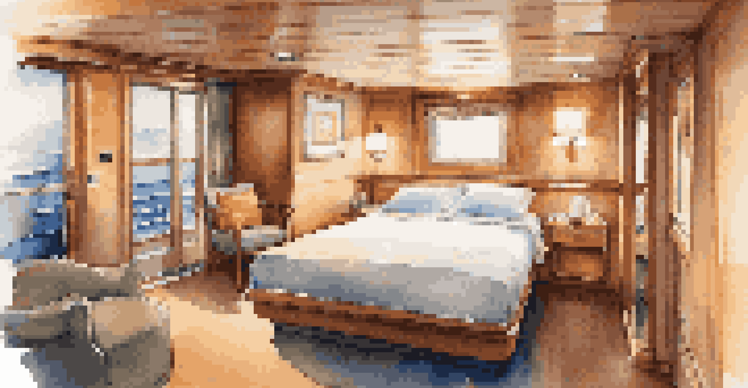 A cozy inside cabin on a cruise ship with modern design, a comfortable bed, and soft lighting creating an intimate atmosphere.