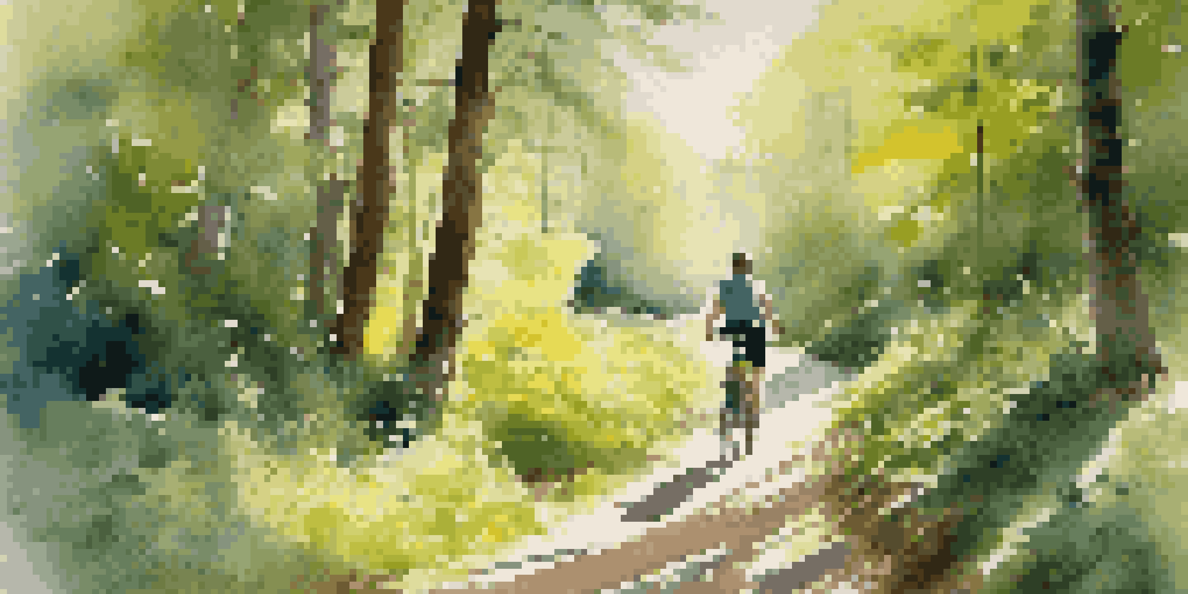 A beautiful forest trail in a national park with sunlight filtering through the trees, a couple biking along the path, and colorful wildflowers blooming.