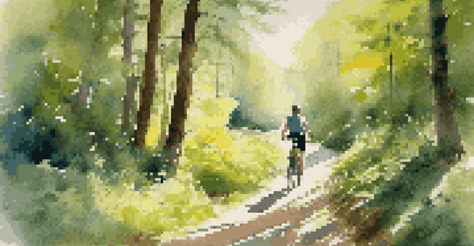 A beautiful forest trail in a national park with sunlight filtering through the trees, a couple biking along the path, and colorful wildflowers blooming.