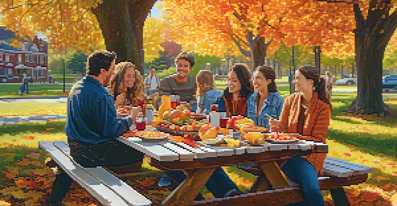 A group of friends enjoying a homemade meal at a picnic table in an autumn park.