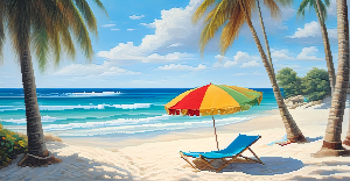 A tranquil beach scene featuring turquoise waters and a golden sandy shore, with a colorful umbrella and towel.