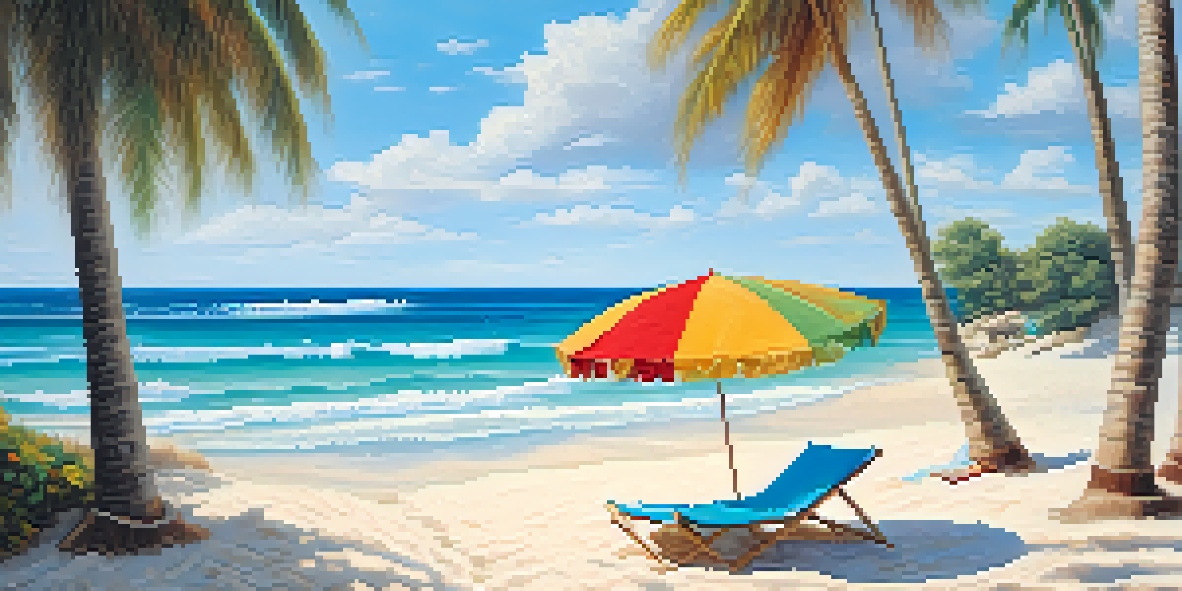 A tranquil beach scene featuring turquoise waters and a golden sandy shore, with a colorful umbrella and towel.