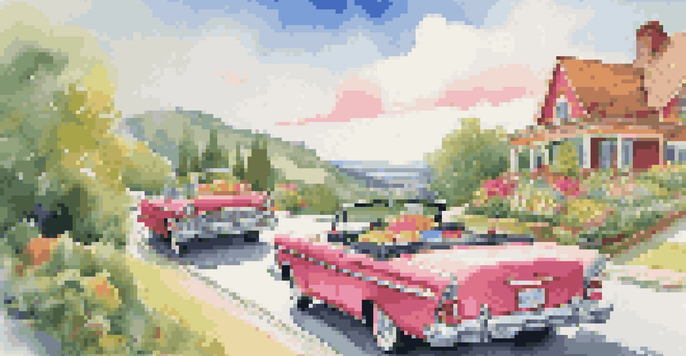 A vintage convertible car on a scenic highway with dessert boxes filled with cupcakes and pastries, surrounded by vibrant greenery and a blue sky.