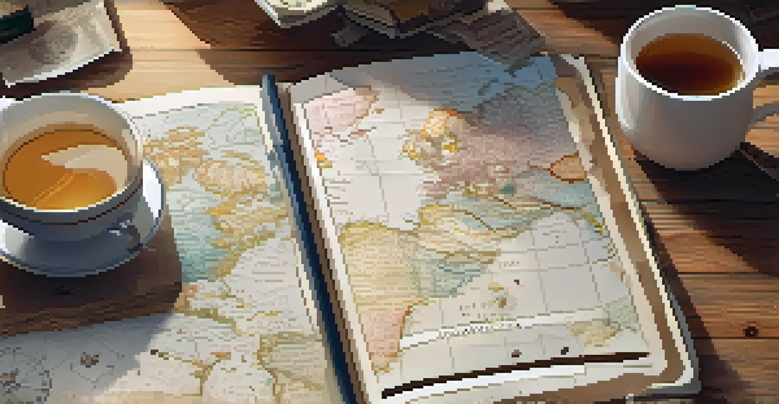A travel planning scene with an open notebook, a world map, and a cup of tea, illuminated by sunlight.
