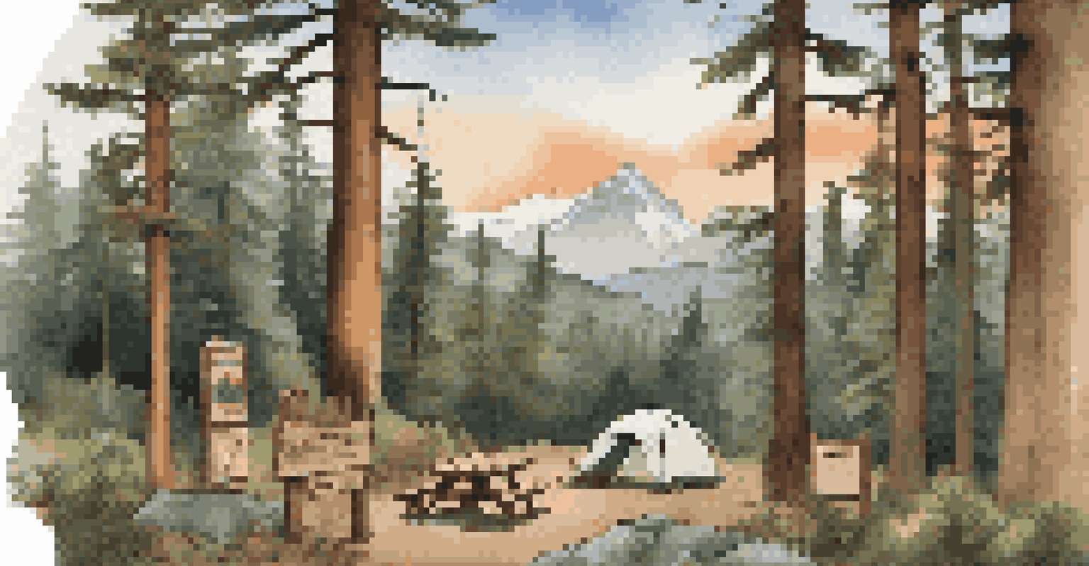 A wooden signpost displaying camping regulations with icons, set in a national park with trees and mountains in the background.