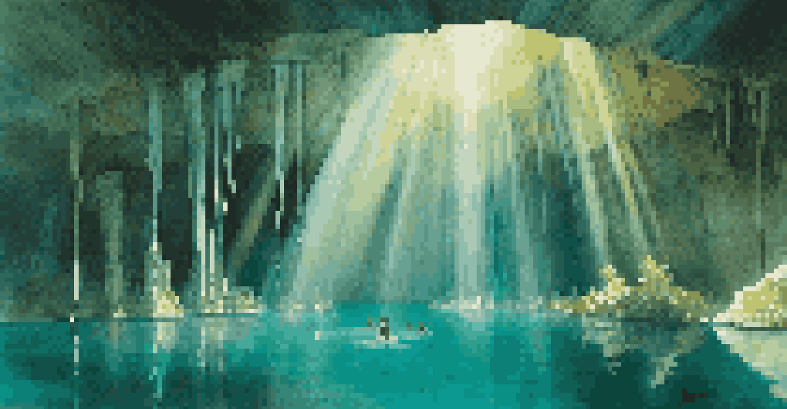 A beautiful cenote in Mexico surrounded by lush jungle, with sunlight filtering through the water and divers exploring underwater caves.
