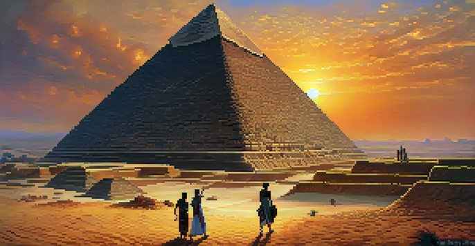 A picturesque sunset view of the Great Pyramid of Giza, with warm colors and tourists in the foreground.
