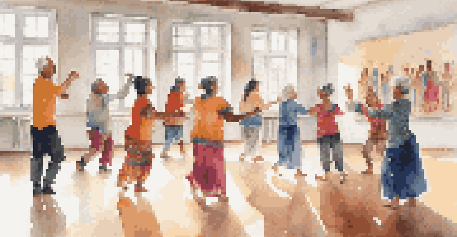 A lively dance workshop with an elder teaching young participants in a bright studio, surrounded by cultural artwork.