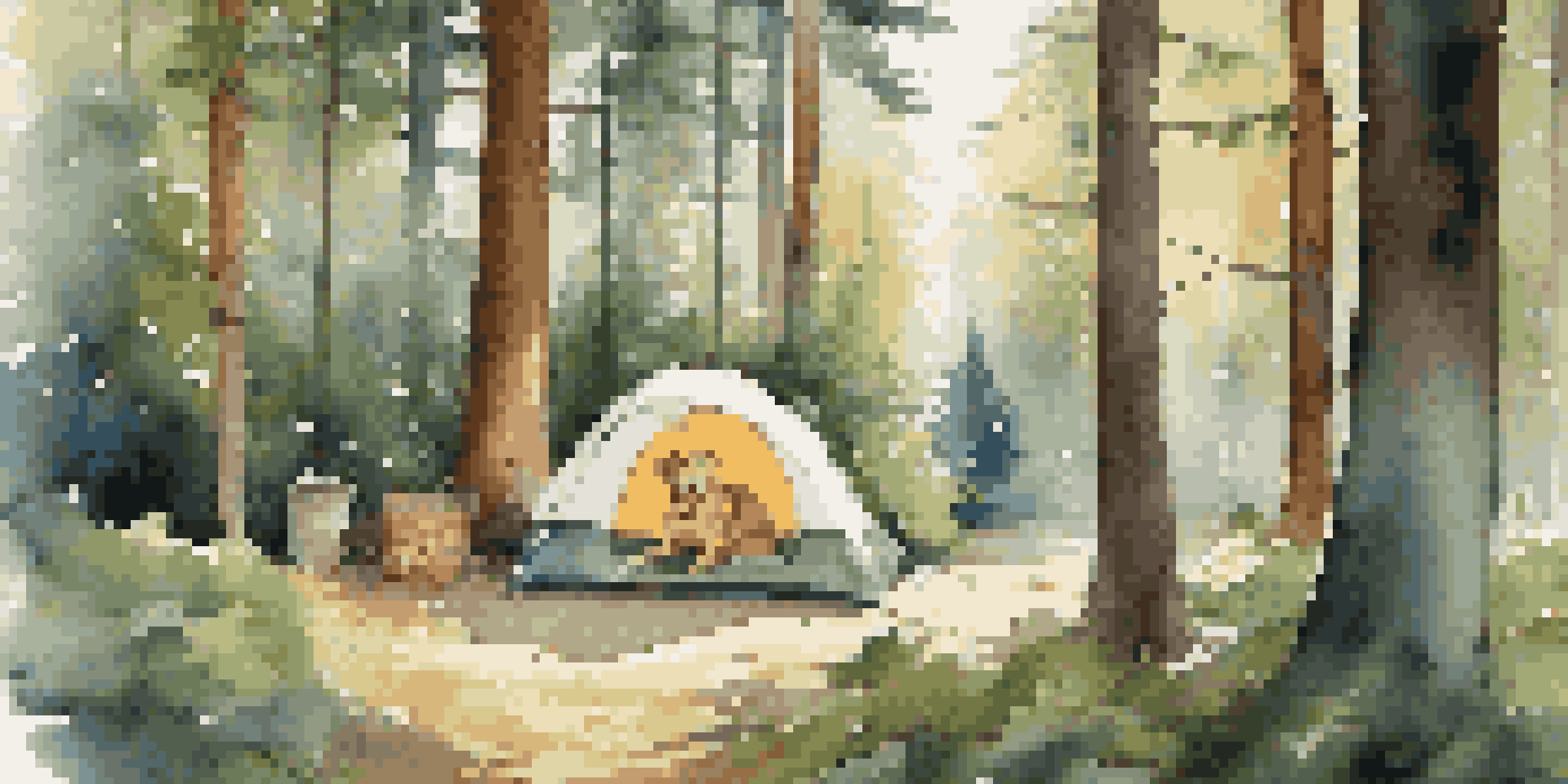 A peaceful camping scene in a forest with a tent, a dog exploring, and a picnic setup.