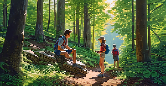 A family hiking in a green forest, with a girl taking photos, a boy exploring, and parents looking at a map, under soft sunlight.