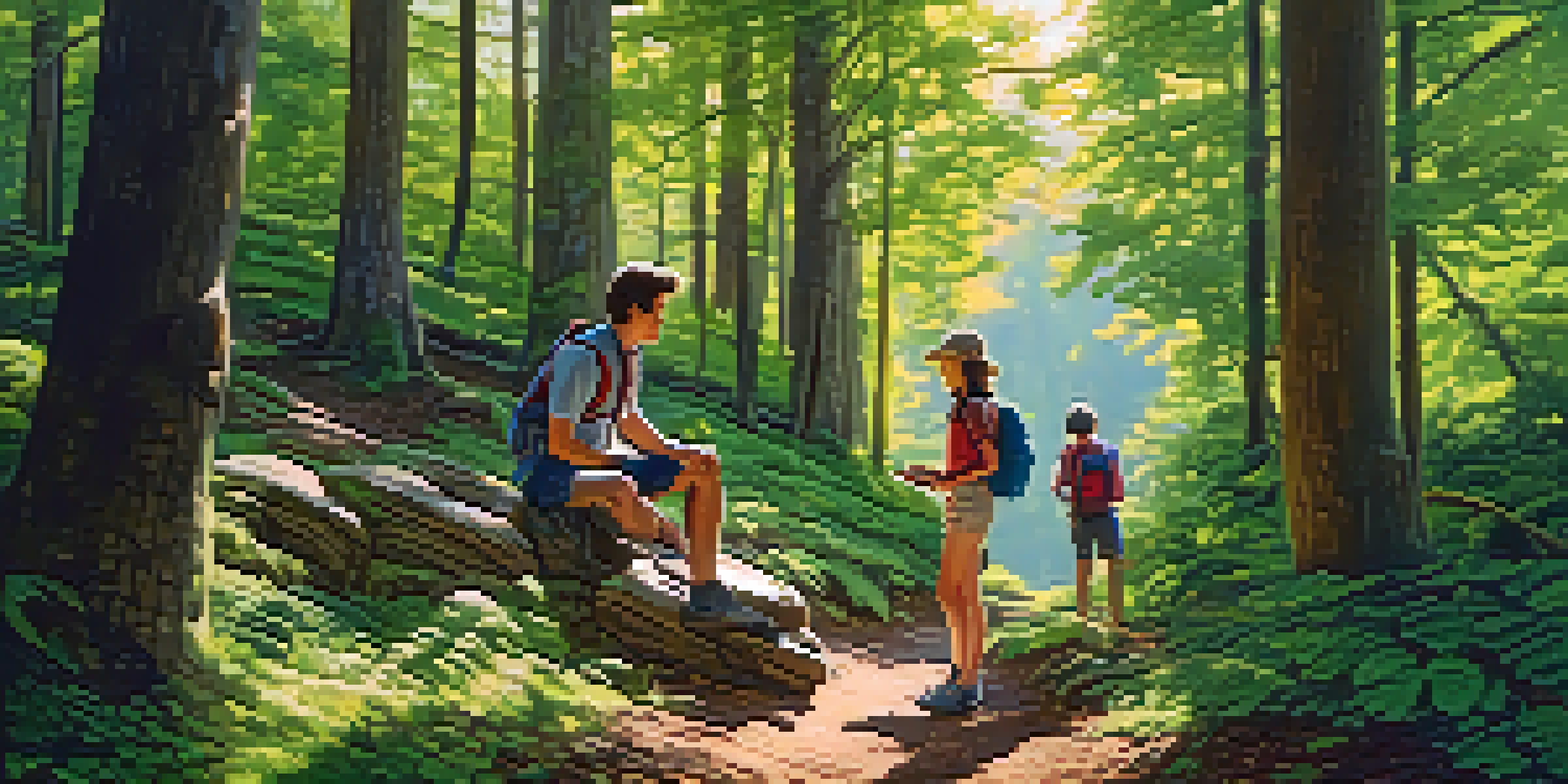 A family hiking in a green forest, with a girl taking photos, a boy exploring, and parents looking at a map, under soft sunlight.
