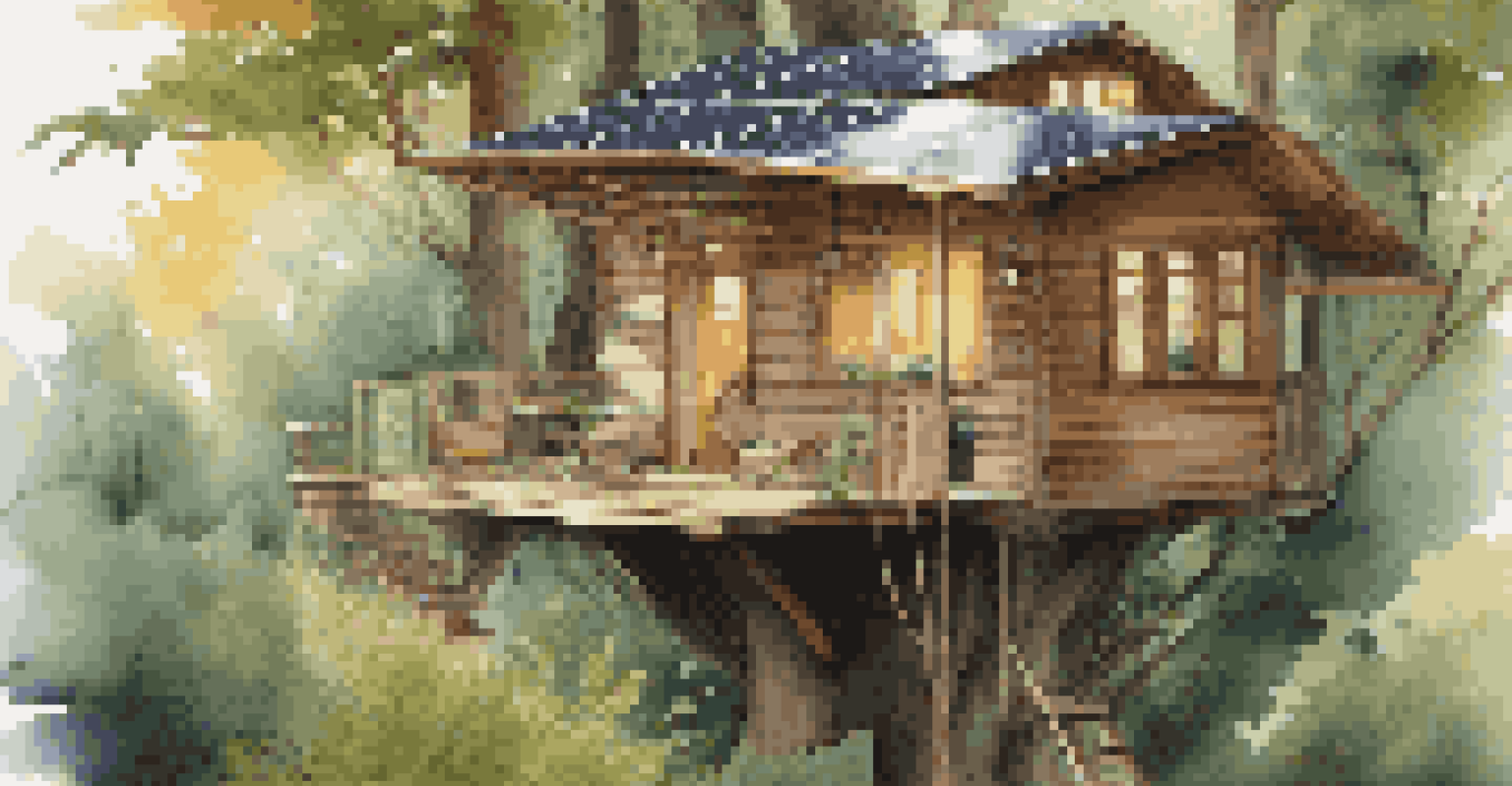 An eco-friendly treehouse surrounded by trees, equipped with solar panels and a wooden deck.