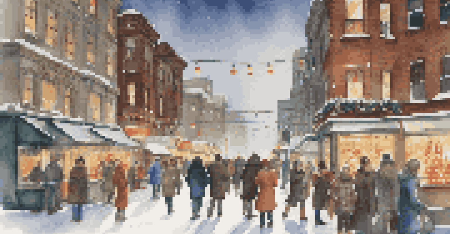 A lively city street in winter filled with holiday decorations, snow, and people enjoying the festive atmosphere.