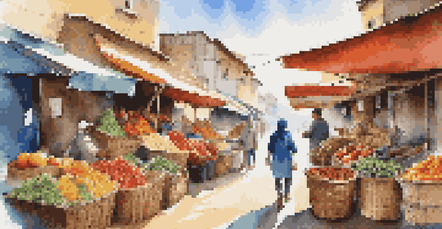 A traveler in a colorful local market surrounded by fresh produce and spices, interacting with vendors under a bright blue sky.