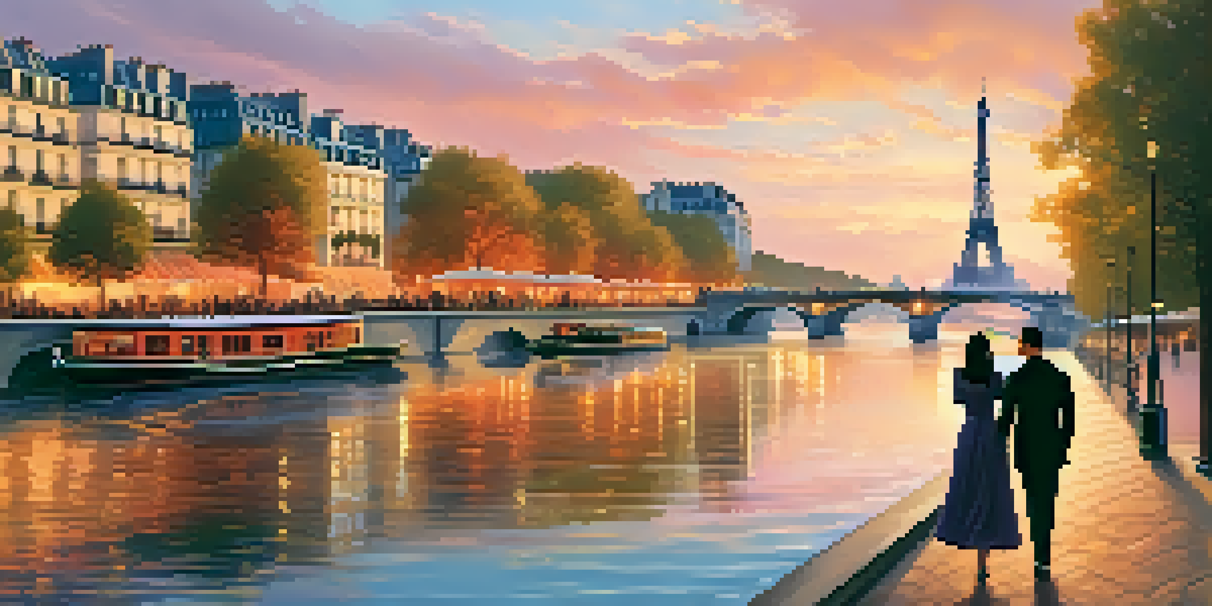 A serene sunset over the Seine River in Paris with couples walking hand-in-hand and the Eiffel Tower in the background.