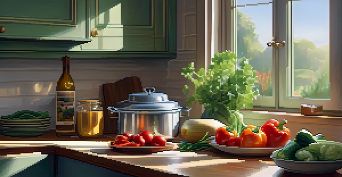 A bright and welcoming kitchen filled with fresh vegetables and spices, with sunlight illuminating the countertops and a pot on the stove.