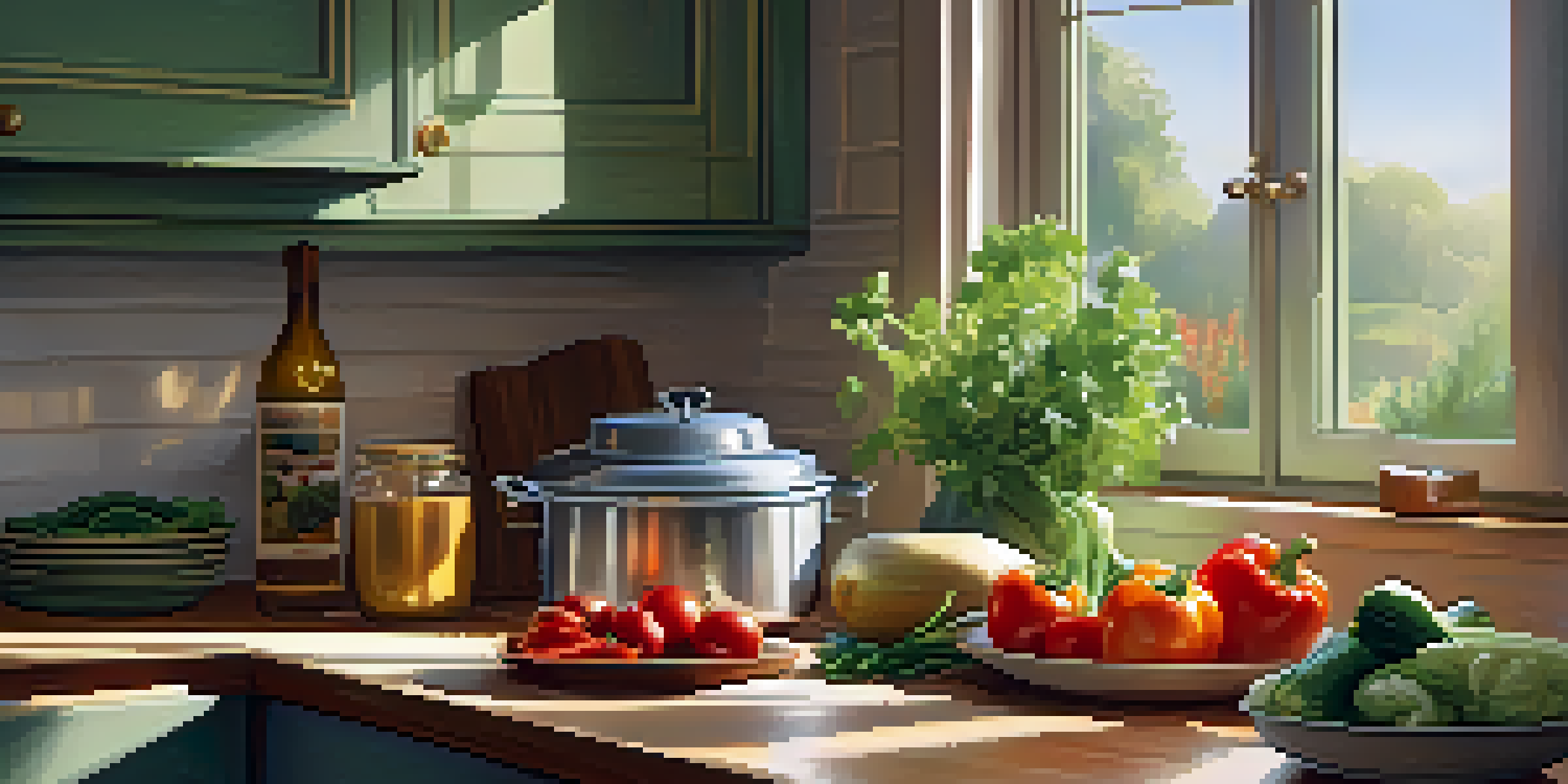 A bright and welcoming kitchen filled with fresh vegetables and spices, with sunlight illuminating the countertops and a pot on the stove.